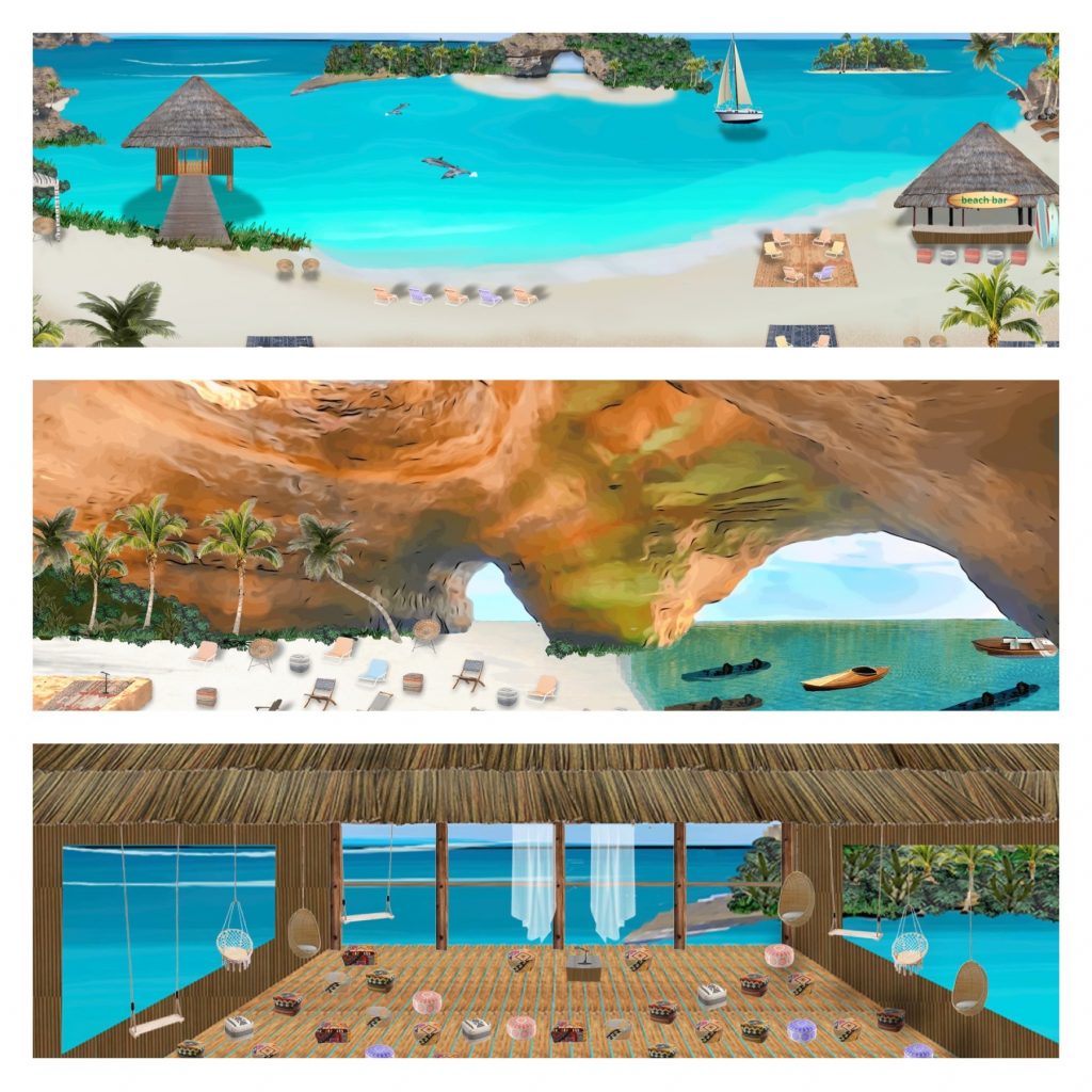 Beach, hut, and cave rendering